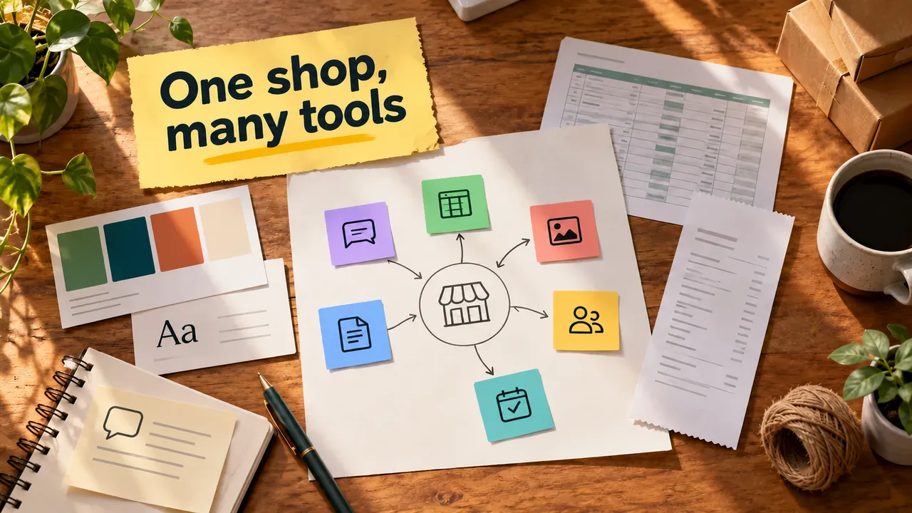 A shop worktable holds brand swatches, a starless feedback note with a speech bubble, receipt, spreadsheet and separate app symbols around a planning sheet beneath One shop, many tools.