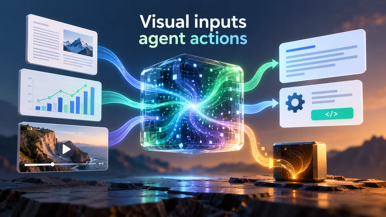 A multimodal agent processes a document, chart, video frame, and tool call through one model, with a separate smaller edge model shown alongside.