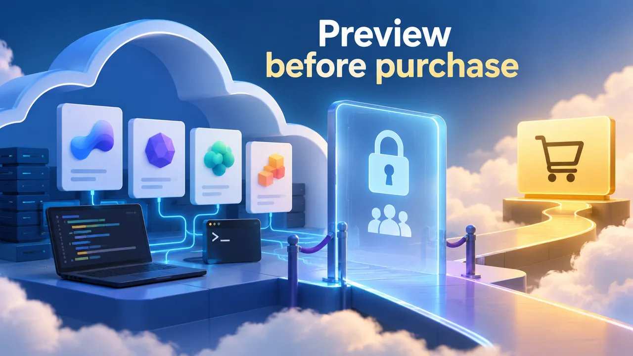 A set of model cards sits inside a cloud project frame with a private-preview gate in front and a separate purchase path beyond it.