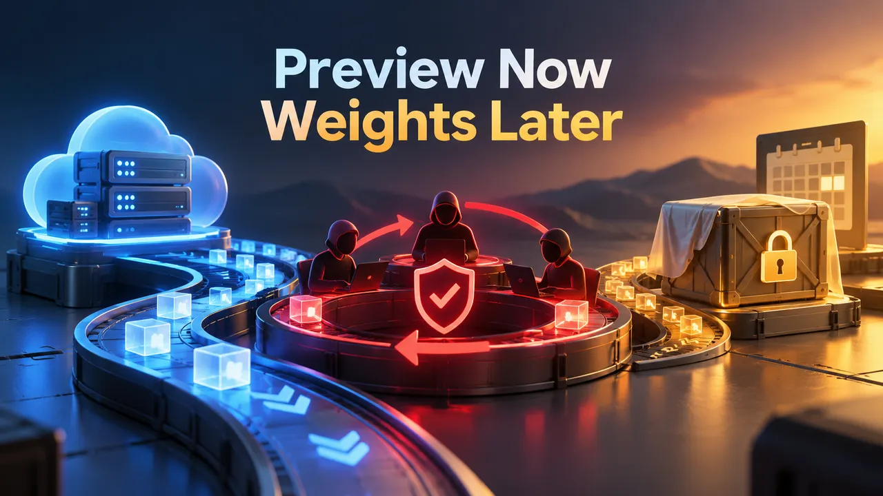 A model card marked public preview connects to a hosted API, while a separate weights package remains behind a release marker.