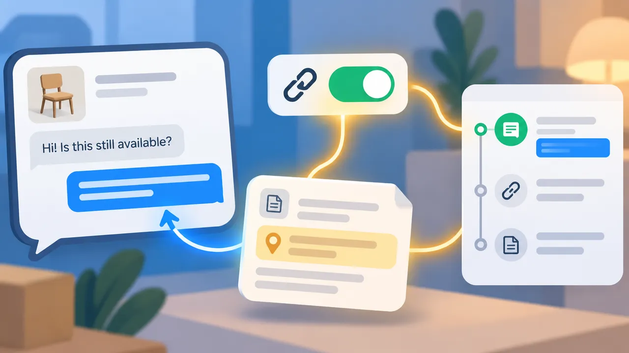 A generic Marketplace message panel shows a saved pickup note beside a connector permission control and an activity log.