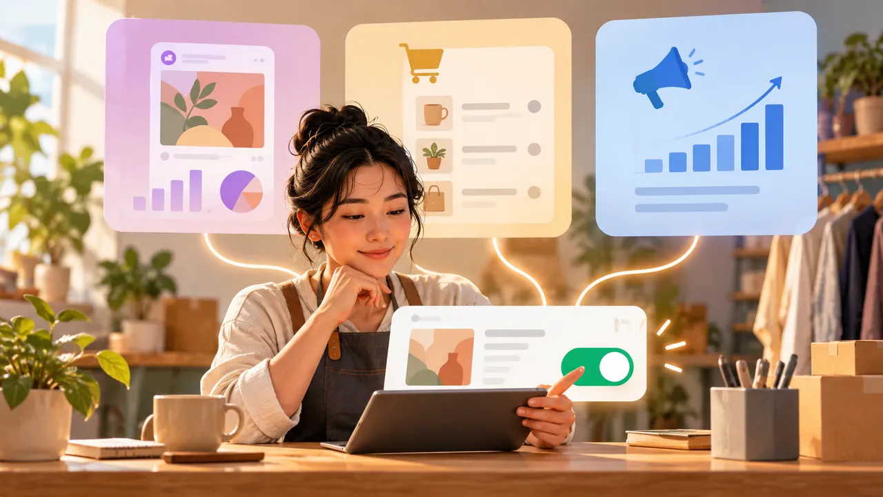 A small shop owner reviews a campaign draft beside connected social analytics, an ad account, and a separate approval control.