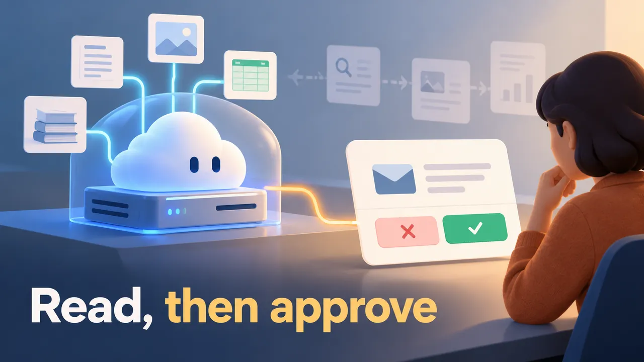 A small cloud computer researches through selected app connections while a person reviews a separate action card before it can affect an account.