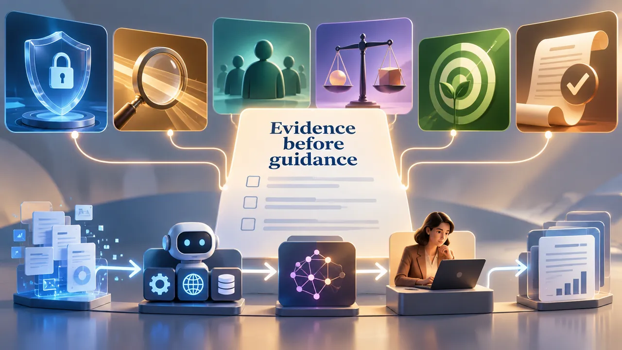 A regulator's evidence form is connected to six agent-workflow stages: access, security, decisions, accountability, purpose, and review.