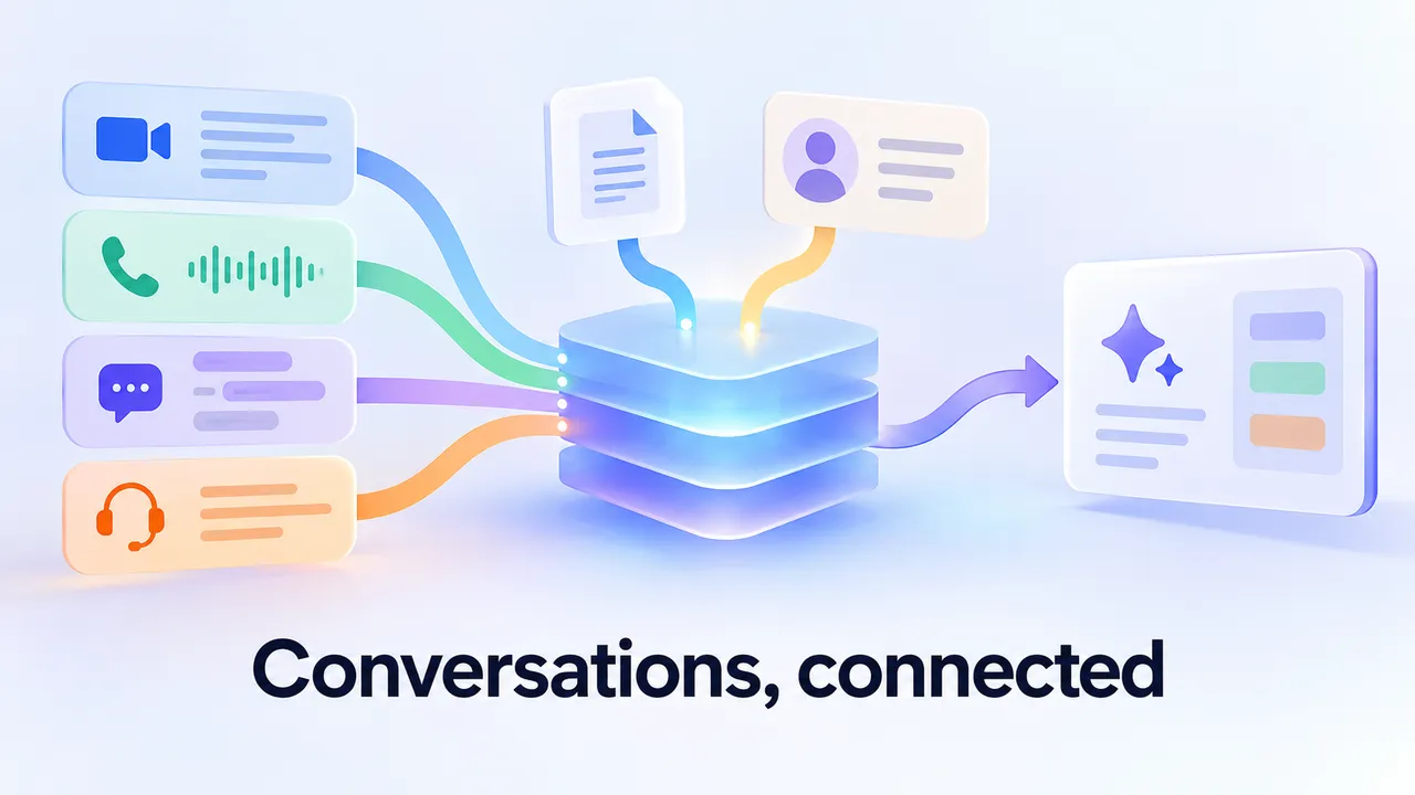Meeting, phone, and chat symbols flow into a shared context layer beside documents and customer records, then connect to a separate AI tool.